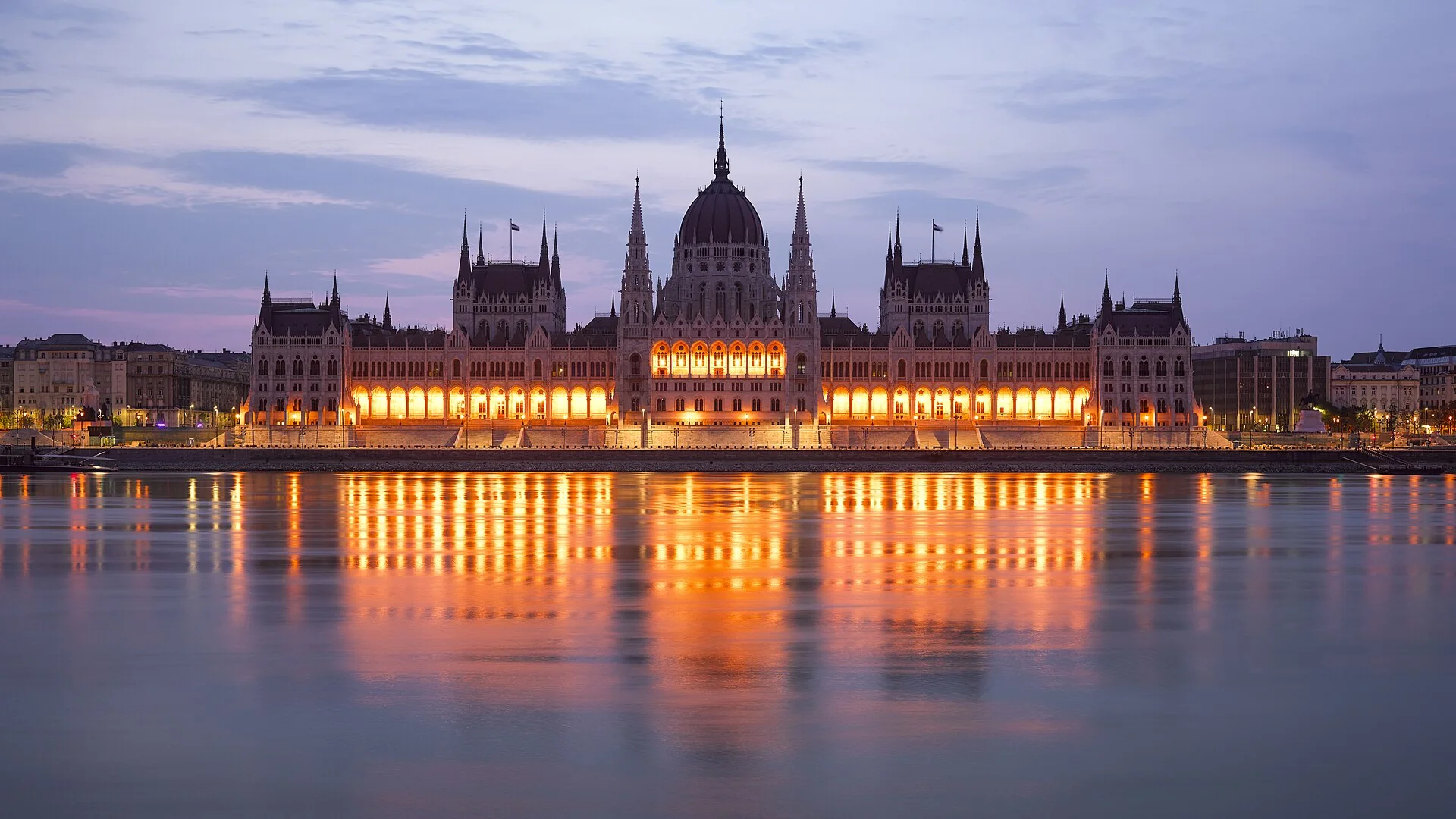 Hungarian Parliament on the Danube at dusk, Budapest